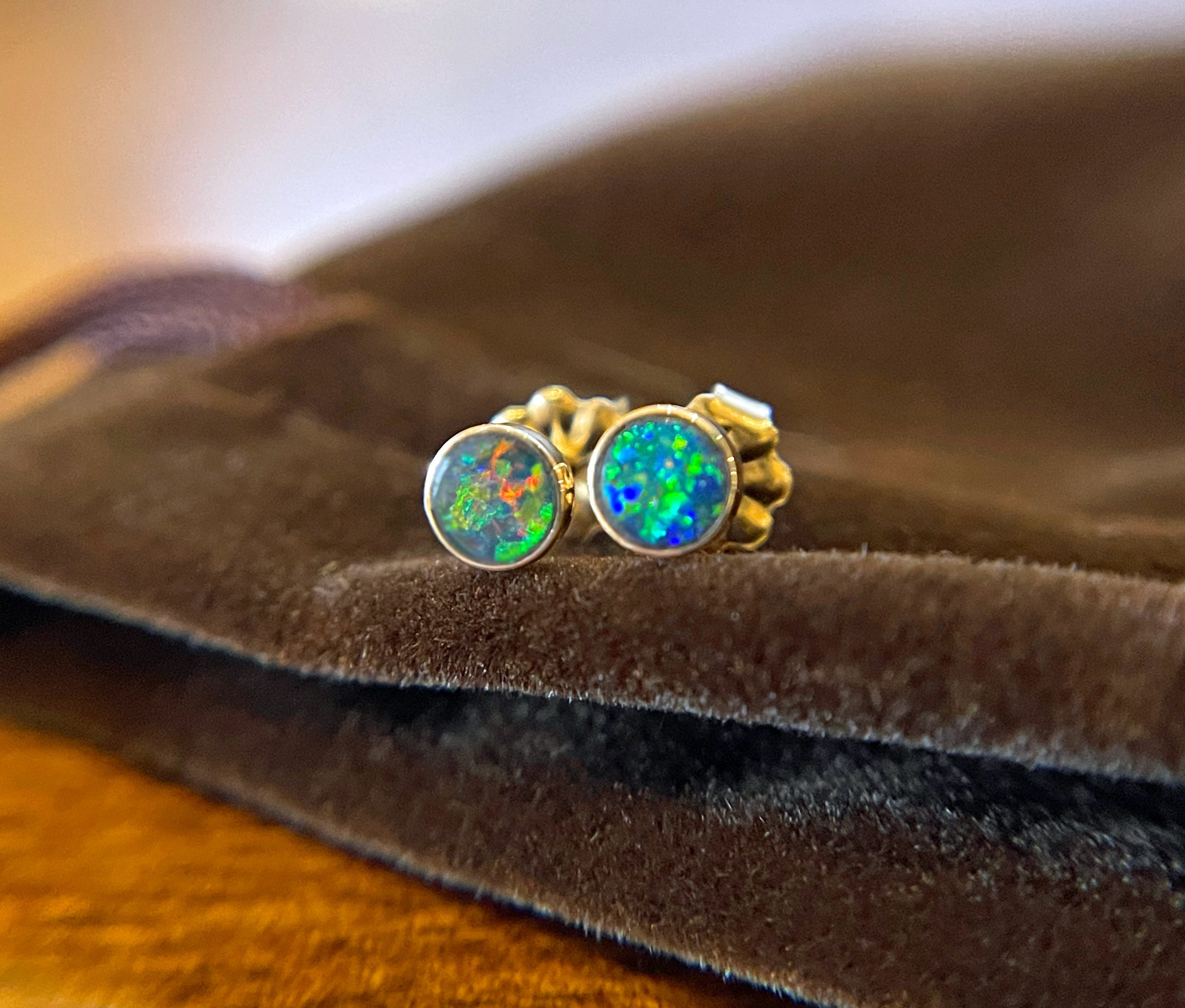 Boulder Opal Stud Earrings, 4mm, Opal Earrings, Solid 14k Yellow Gold Earrings
