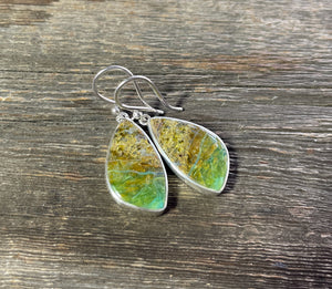Indonesian Petrified Opalized Wood Earrings in Sterling Silver, Earth-Toned Green Opal Dangle Earrings