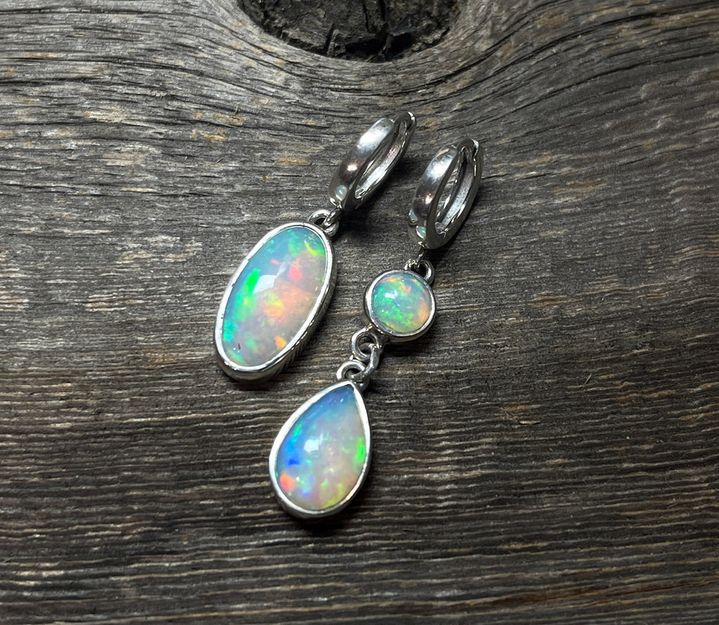 Opal Earrings, Mismatched Opal Earrings, Ethiopian Opal Dangle Earrings, Sterling Silver, Natural Opal Gemstone Earrings