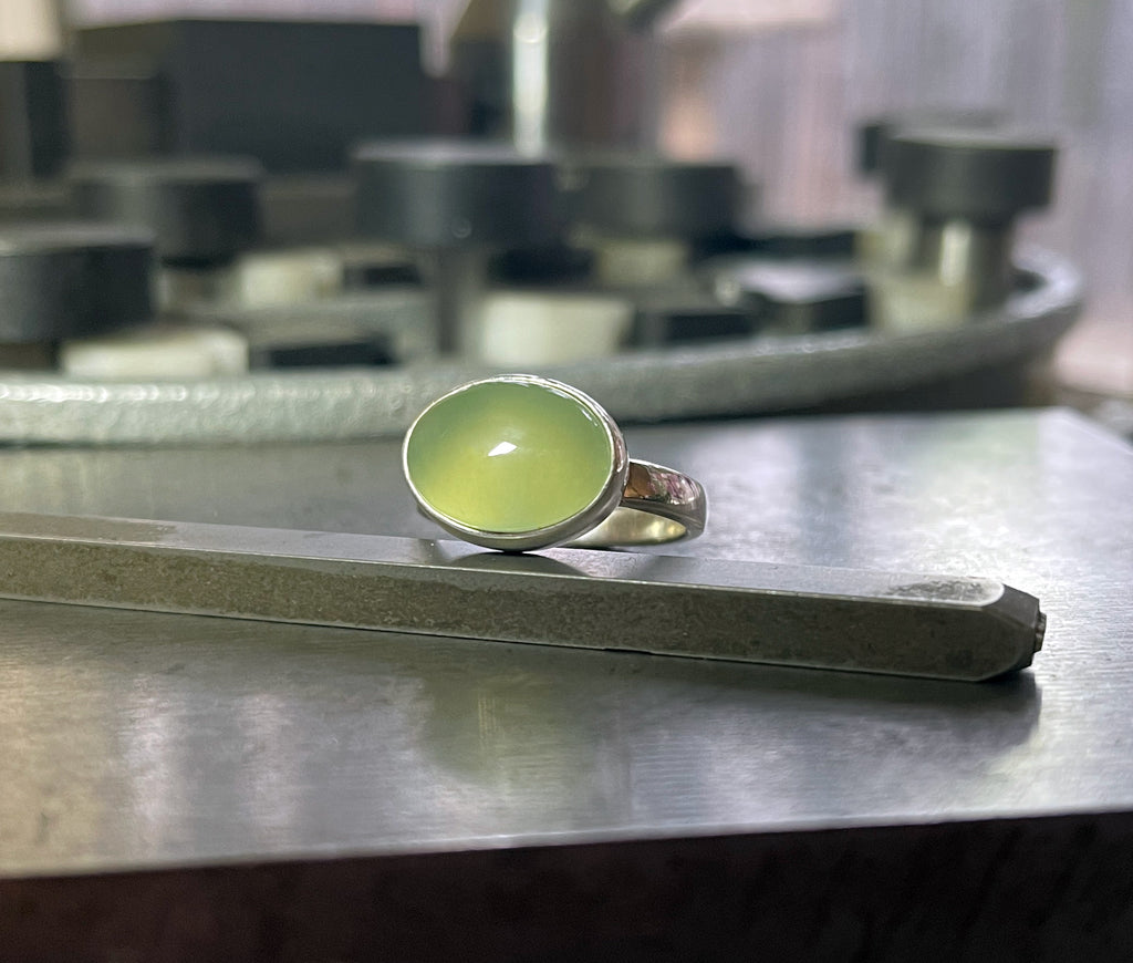 Prehnite Ring in Sterling Silver, East West Oval Prehnite Gemstone Ring, Natural Prehnite Stacking Ring, Handmade Ring, Gift for Her