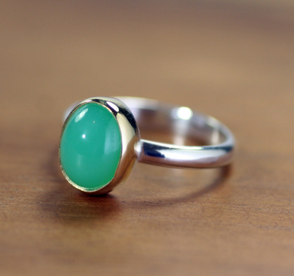 Chrysoprase Ring in 18k Gold and Sterling Silver, Apple Green Chrysoprase, Mixed Metal Stacking Ring, Green Gemstone Ring