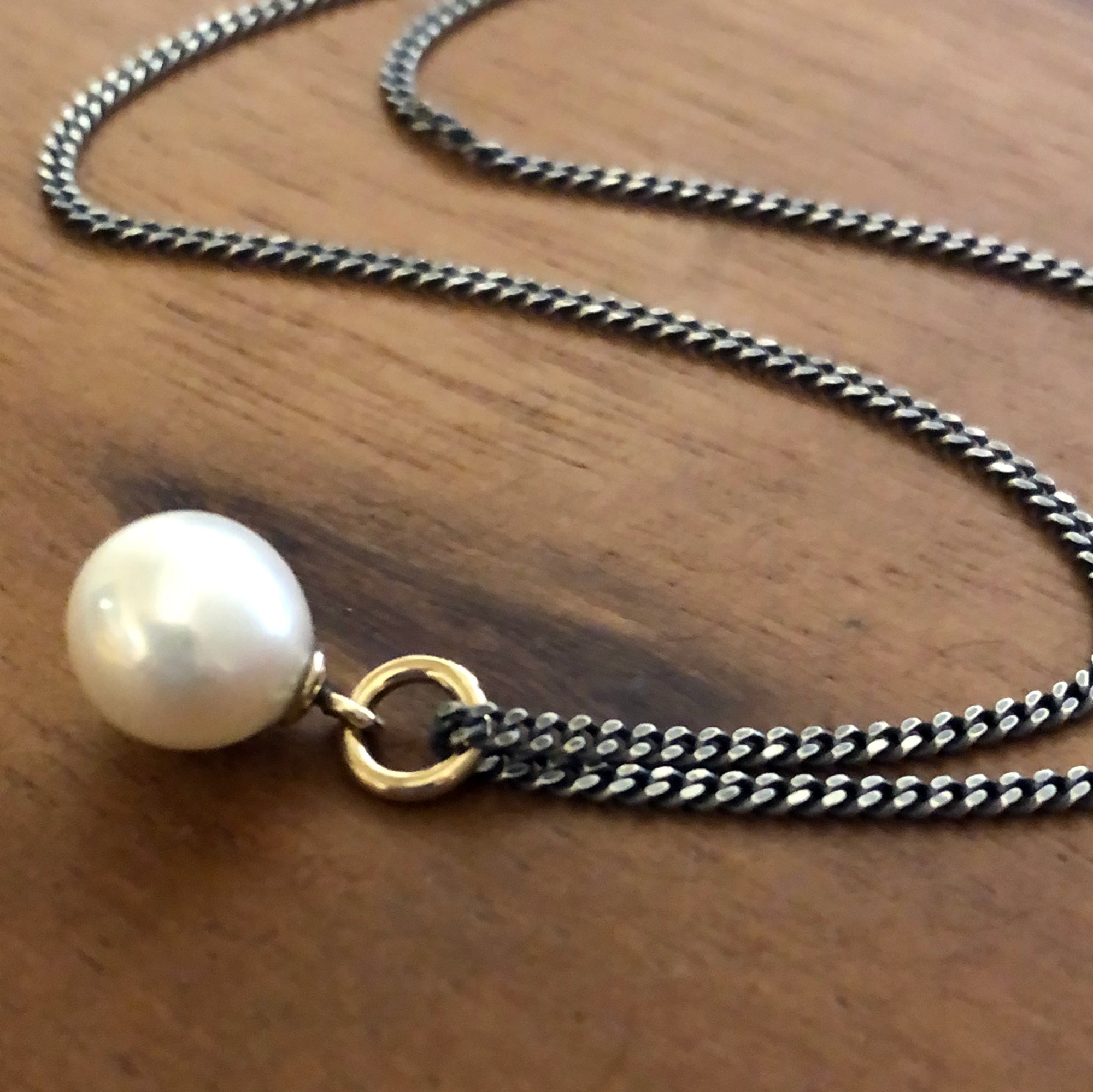 Single Pearl Necklace on Oxidized Chain with 14k Gold Accents, Sterling Silver, Mixed Metal Pearl Necklace, White Round Pearl Pendant