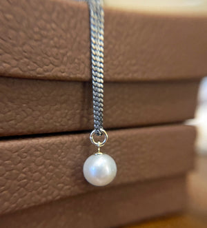Single Pearl Necklace on Oxidized Chain with 14k Gold Accents, Sterling Silver, Mixed Metal Pearl Necklace, White Round Pearl Pendant