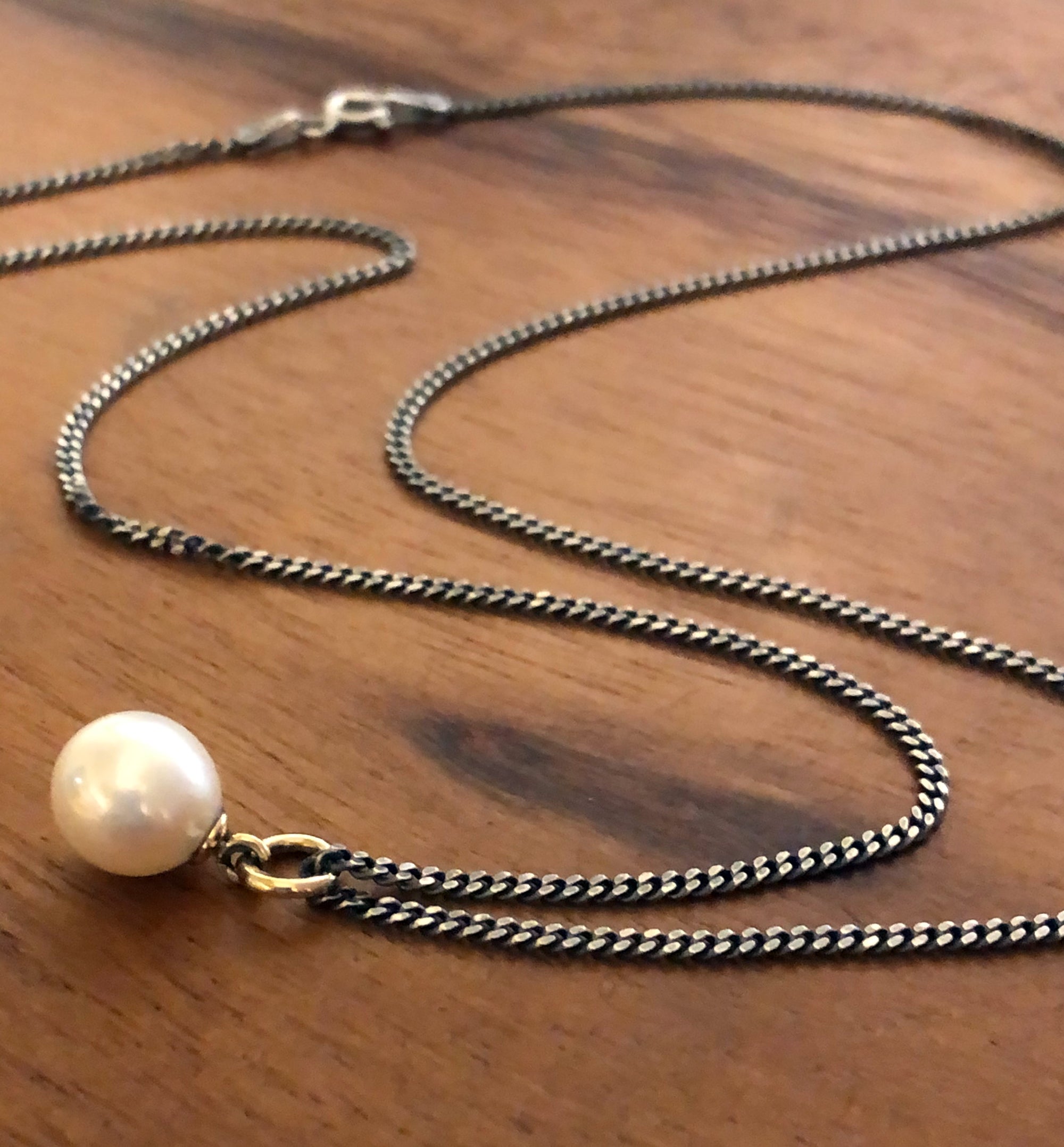 Single Pearl Necklace on Oxidized Chain with 14k Gold Accents, Sterling Silver, Mixed Metal Pearl Necklace, White Round Pearl Pendant