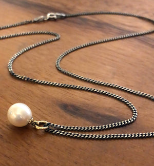 Single Pearl Necklace on Oxidized Chain with 14k Gold Accents, Sterling Silver, Mixed Metal Pearl Necklace, White Round Pearl Pendant