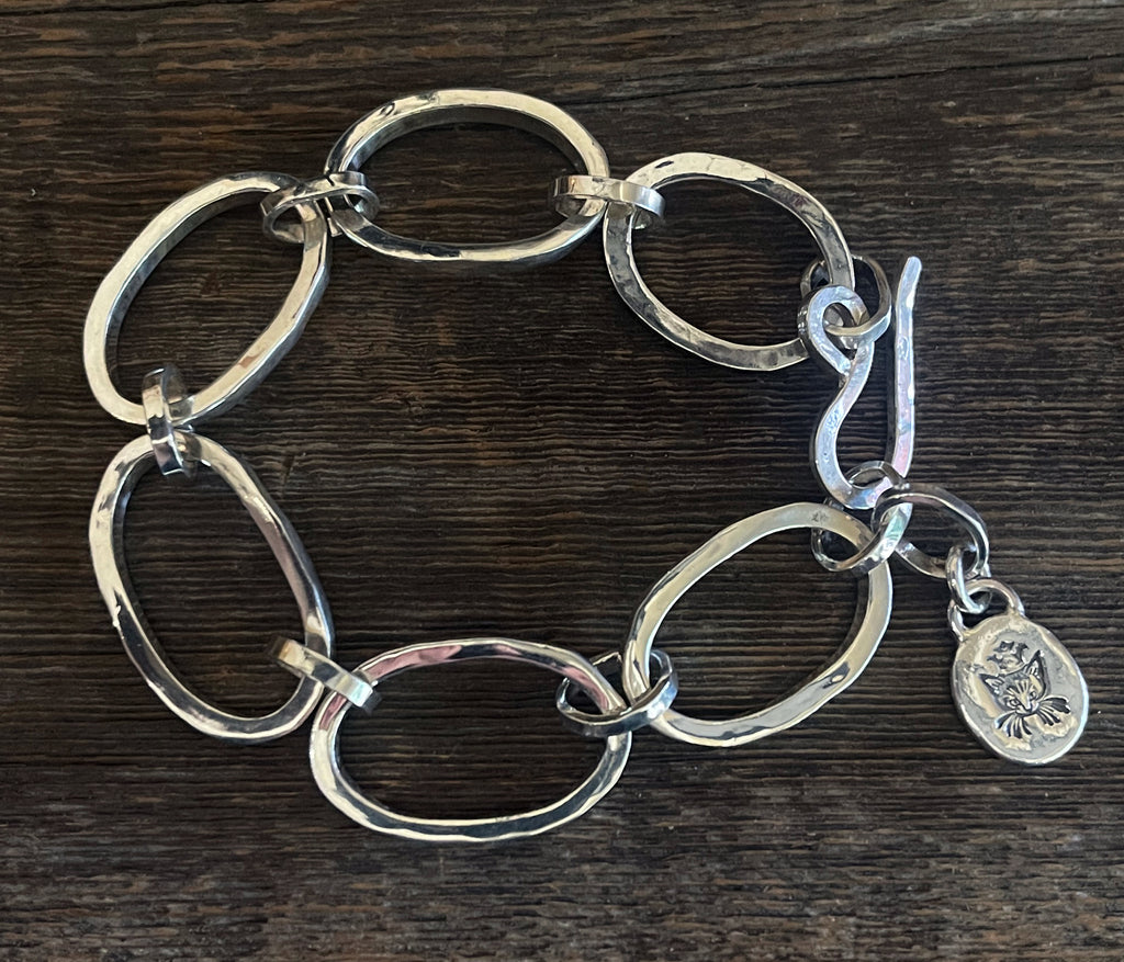 Heavy Solid Sterling Silver Oval Link Bracelet, One of a Kind Artisan Handmade Hammer Texture Timeless Classic Link Bracelet, Gift for Her