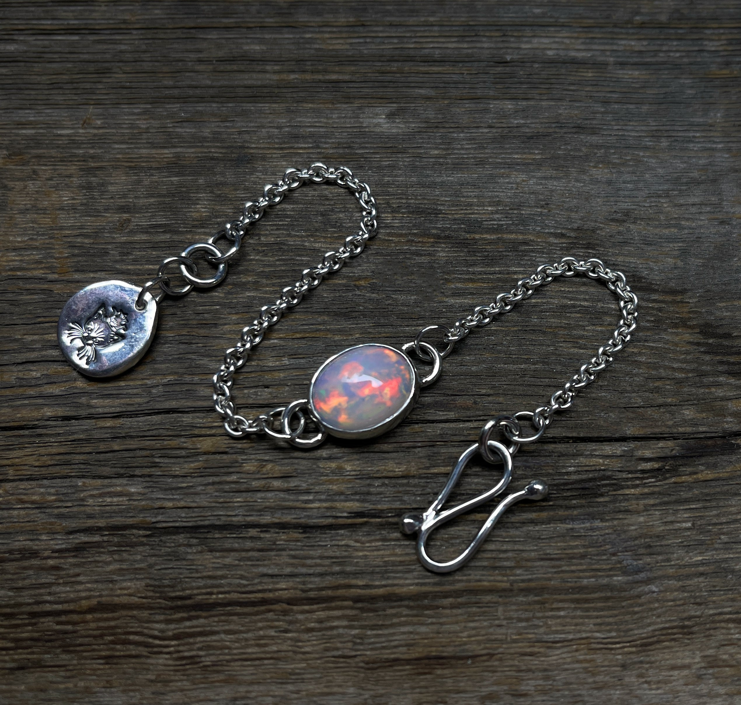 Opal Bracelet, Handmade Sterling Silver Ethiopian Opal Bezel Chain Bracelet, Gemstone Cabochon Bracelet, October Birthday Gift for Her