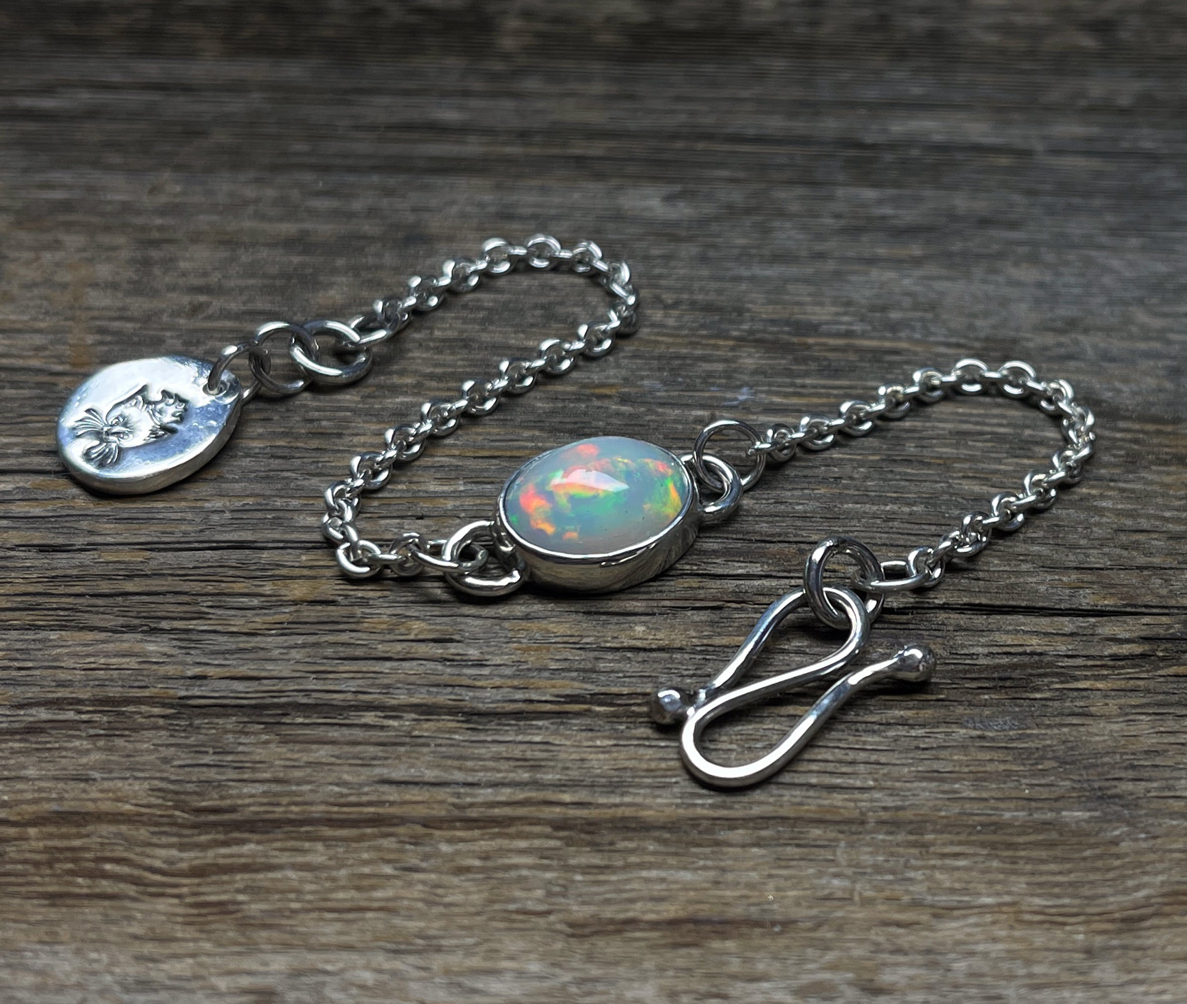 Opal Bracelet, Handmade Sterling Silver Ethiopian Opal Bezel Chain Bracelet, Gemstone Cabochon Bracelet, October Birthday Gift for Her