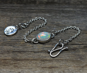 Opal Bracelet, Handmade Sterling Silver Ethiopian Opal Bezel Chain Bracelet, Gemstone Cabochon Bracelet, October Birthday Gift for Her
