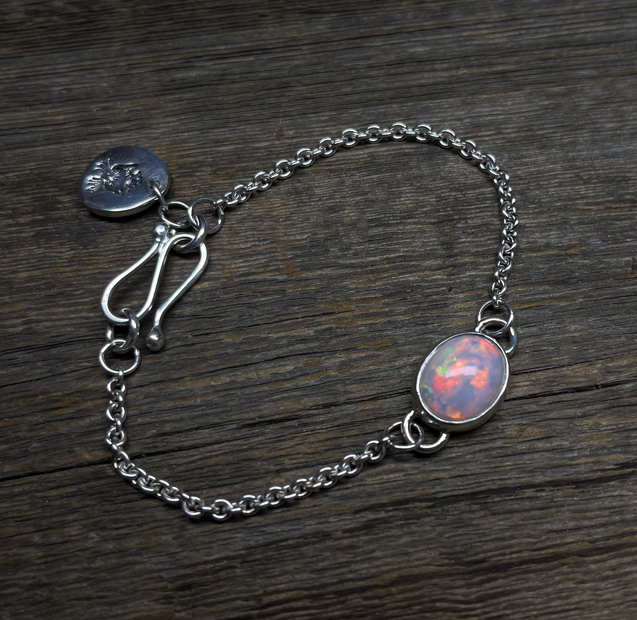 Opal Bracelet, Handmade Sterling Silver Ethiopian Opal Bezel Chain Bracelet, Gemstone Cabochon Bracelet, October Birthday Gift for Her