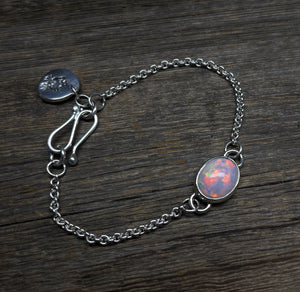 Opal Bracelet, Handmade Sterling Silver Ethiopian Opal Bezel Chain Bracelet, Gemstone Cabochon Bracelet, October Birthday Gift for Her