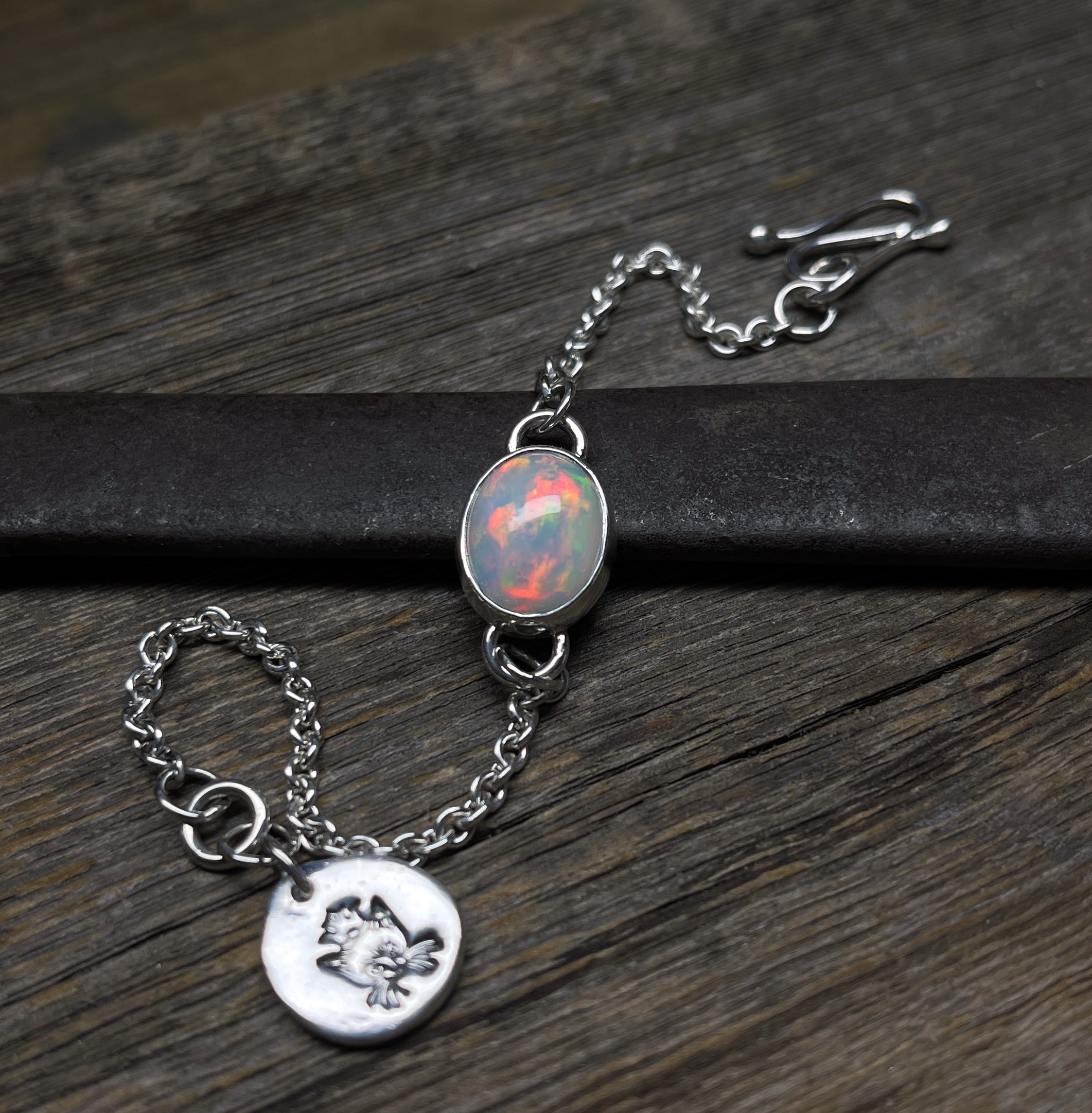 Opal Bracelet, Handmade Sterling Silver Ethiopian Opal Bezel Chain Bracelet, Gemstone Cabochon Bracelet, October Birthday Gift for Her
