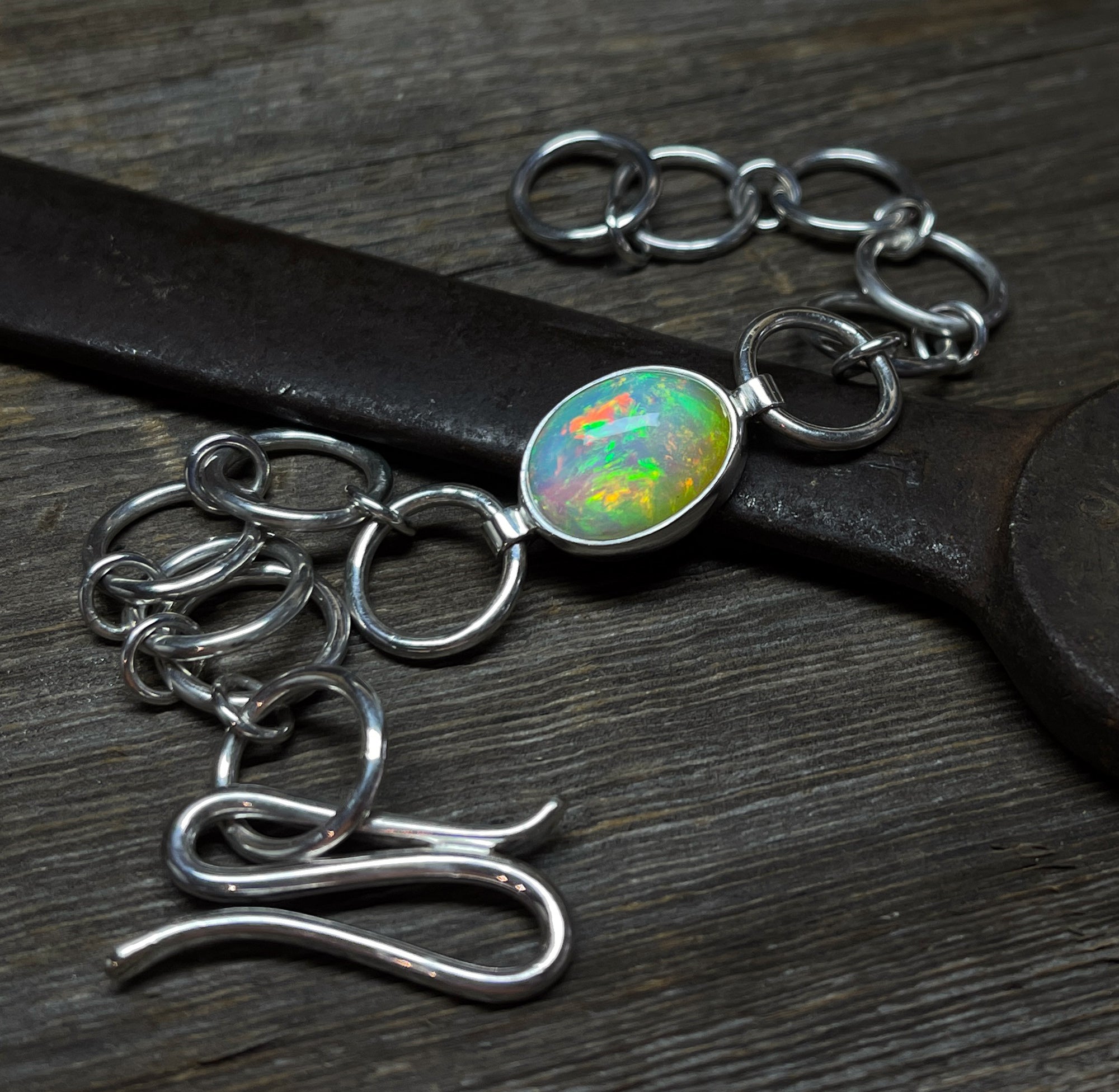 Opal Bracelet Sterling Silver, Ethiopian Opal Bracelet, Chunky Opal Chain Bracelet, Gemstone Bracelet, Gift for Her, Handmade Opal Bracelet