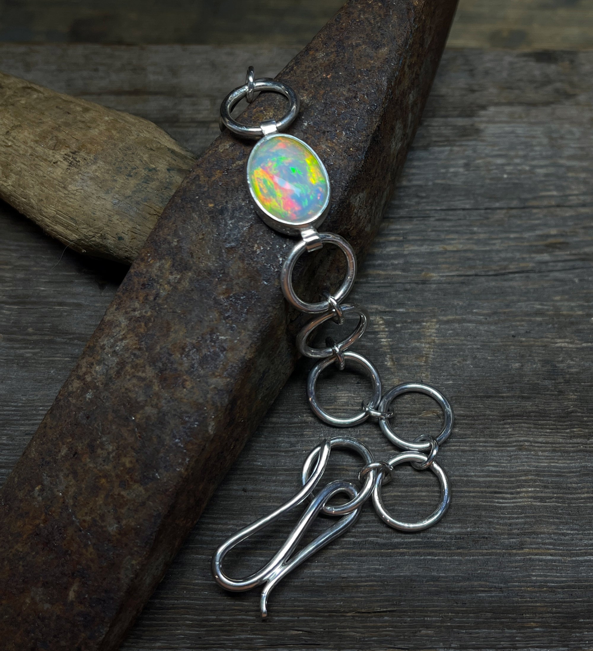 Opal Bracelet Sterling Silver, Ethiopian Opal Bracelet, Chunky Opal Chain Bracelet, Gemstone Bracelet, Gift for Her, Handmade Opal Bracelet