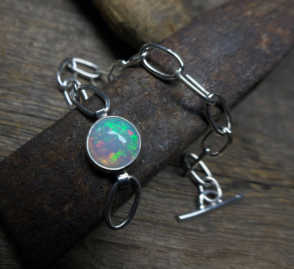 Opal Bracelet Sterling Silver, Ethiopian Opal Bracelet, Chunky Opal Chain Bracelet, Gemstone Bracelet, Gift for Her, Handmade Opal Bracelet