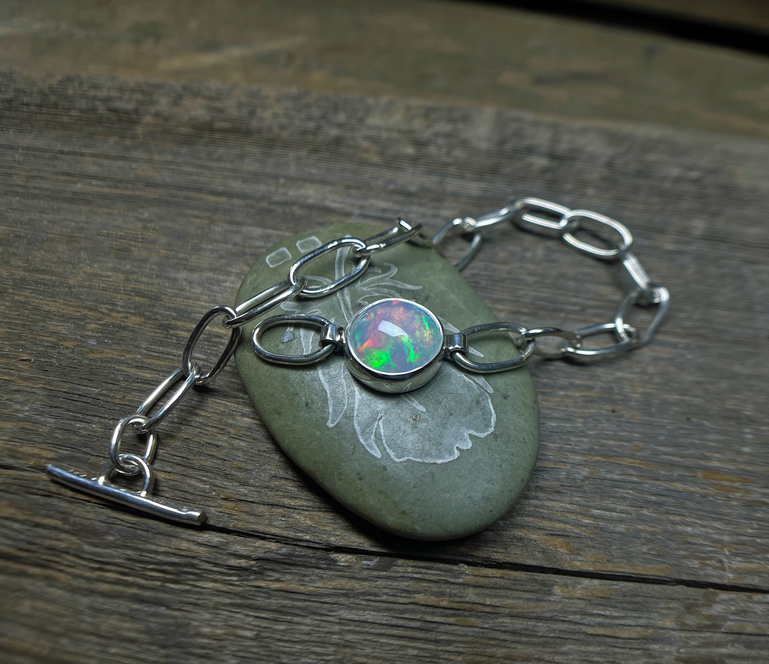 Opal Bracelet Sterling Silver, Ethiopian Opal Bracelet, Chunky Opal Chain Bracelet, Gemstone Bracelet, Gift for Her, Handmade Opal Bracelet