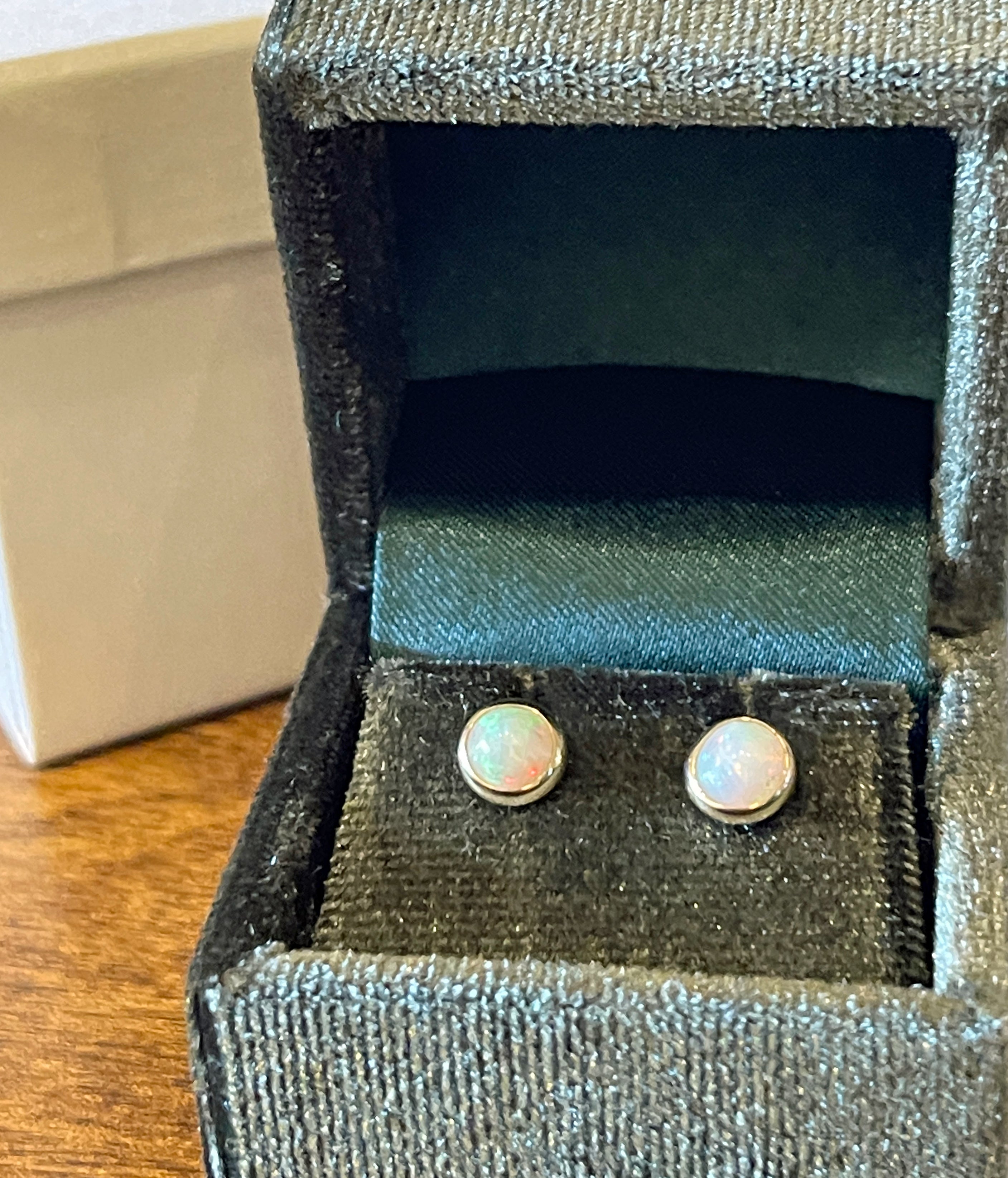 Opal Earrings Stud, 6mm, Natural Opal Bezel Earrings, Solid 14k Gold Earrings, Gold Stud Earrings, Minimalist Earrings, Gift for Him or Her