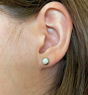 Opal Earrings Stud, 6mm, Natural Opal Bezel Earrings, Solid 14k Gold Earrings, Gold Stud Earrings, Minimalist Earrings, Gift for Him or Her