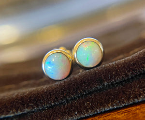 Opal Earrings Stud, 6mm, Natural Opal Bezel Earrings, Solid 14k Gold Earrings, Gold Stud Earrings, Minimalist Earrings, Gift for Him or Her