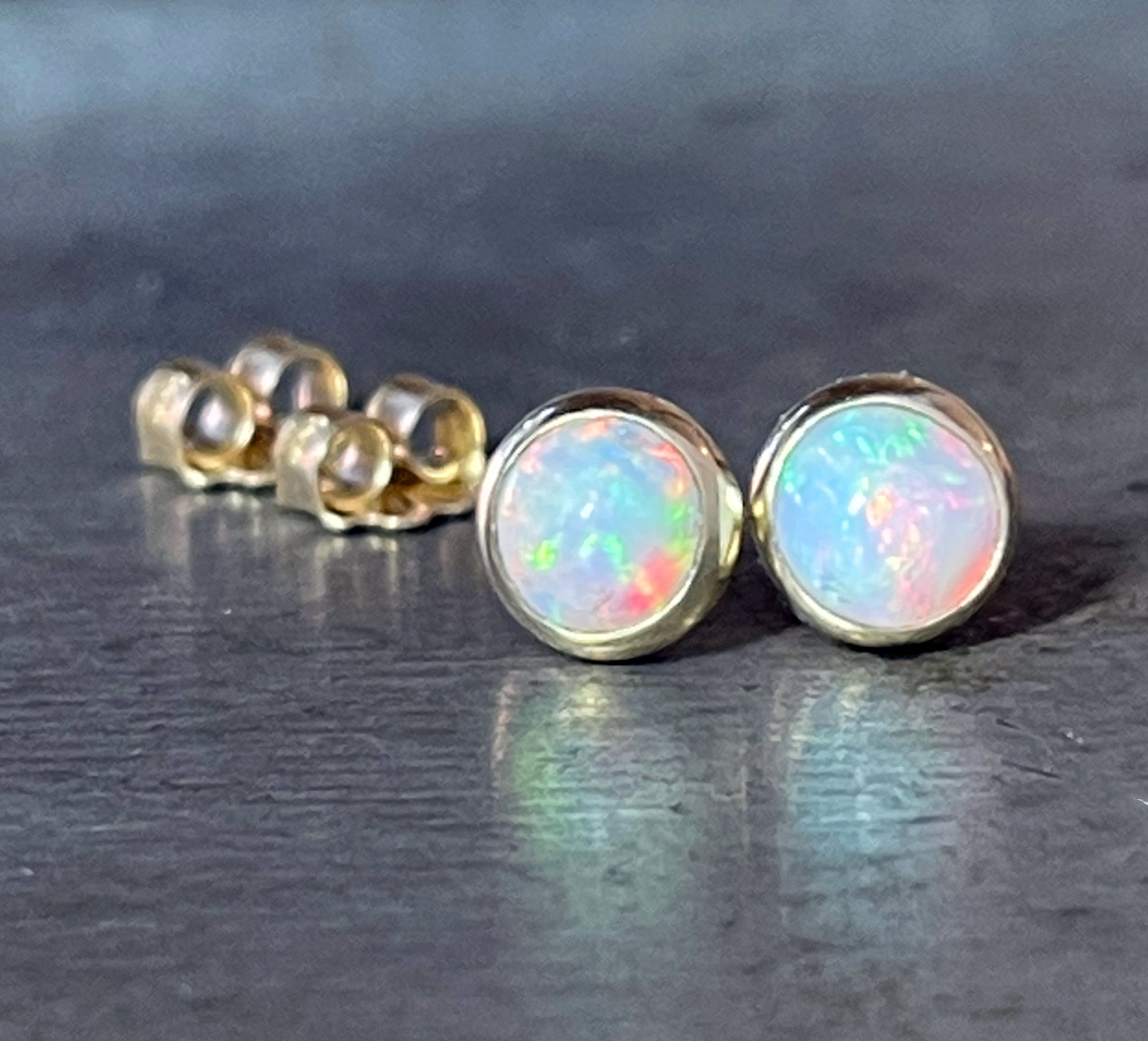 Opal Earrings Stud, 6mm, Natural Opal Bezel Earrings, Solid 14k Gold Earrings, Gold Stud Earrings, Minimalist Earrings, Gift for Him or Her
