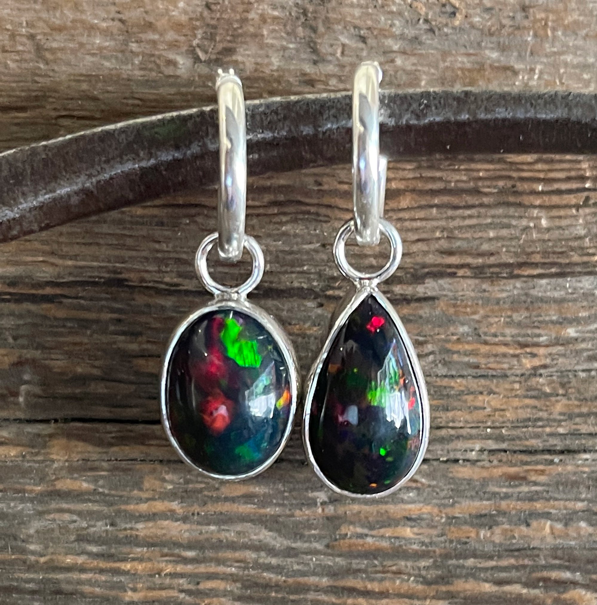 Black Opal Earrings, Mismatched Opal Earrings, Ethiopian Opal Dangle Earrings, Sterling Silver, Natural Opal Gemstone Earrings, Gift for Her