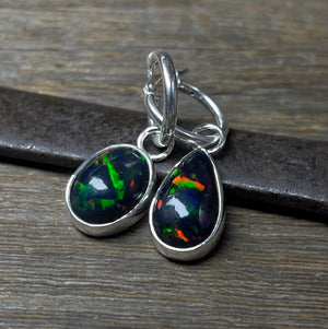 Black Opal Earrings, Mismatched Opal Earrings, Ethiopian Opal Dangle Earrings, Sterling Silver, Natural Opal Gemstone Earrings, Gift for Her