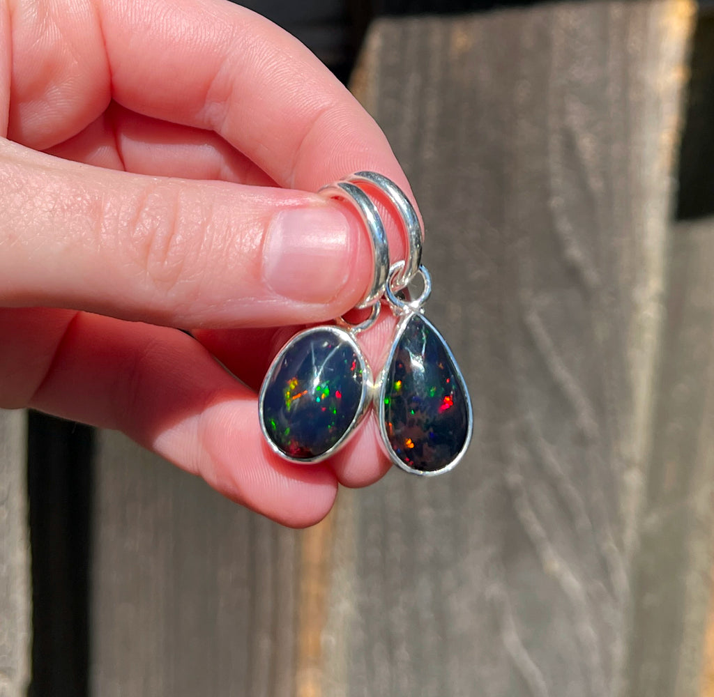 Black Opal Earrings, Mismatched Opal Earrings, Ethiopian Opal Dangle Earrings, Sterling Silver, Natural Opal Gemstone Earrings, Gift for Her