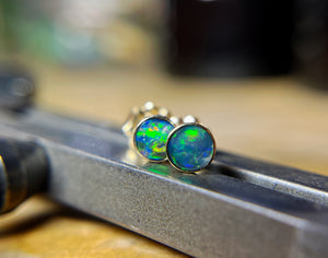 Boulder Opal Stud Earrings, 4mm, Opal Earrings, Solid 14k Yellow Gold Earrings