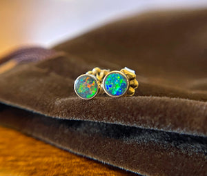 Boulder Opal Stud Earrings, 4mm, Opal Earrings, Solid 14k Yellow Gold Earrings