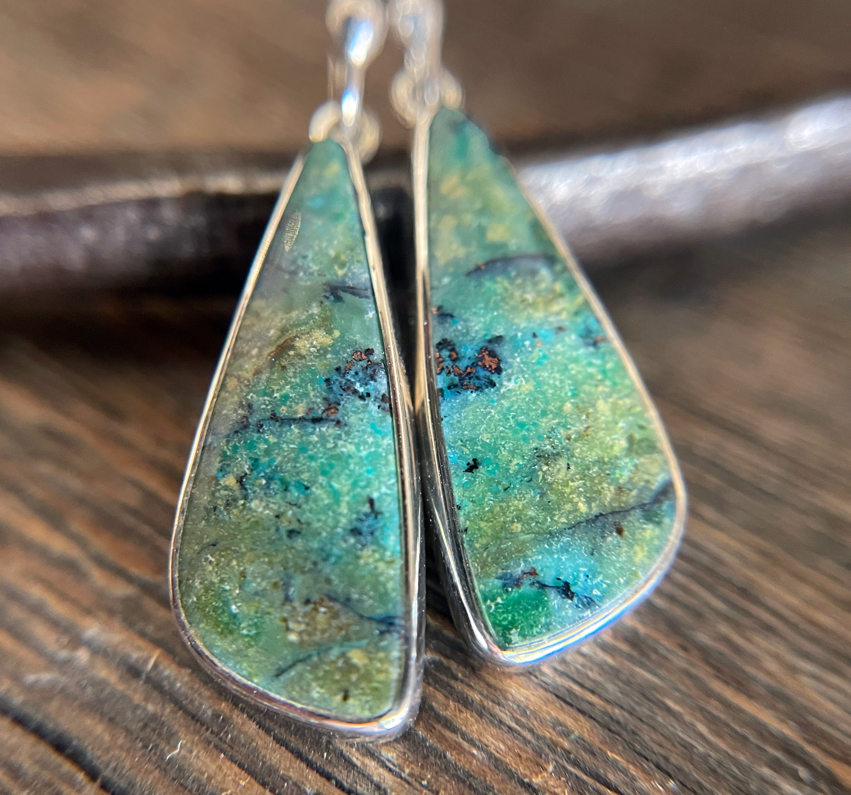 Opalized Wood Earrings in Sterling Silver, Earth-Toned Green and Blue Opal Dangle Earrings, Handmade Opal Earrings, Anniversary Gift