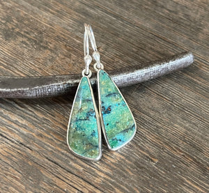 Opalized Wood Earrings in Sterling Silver, Earth-Toned Green and Blue Opal Dangle Earrings, Handmade Opal Earrings, Anniversary Gift