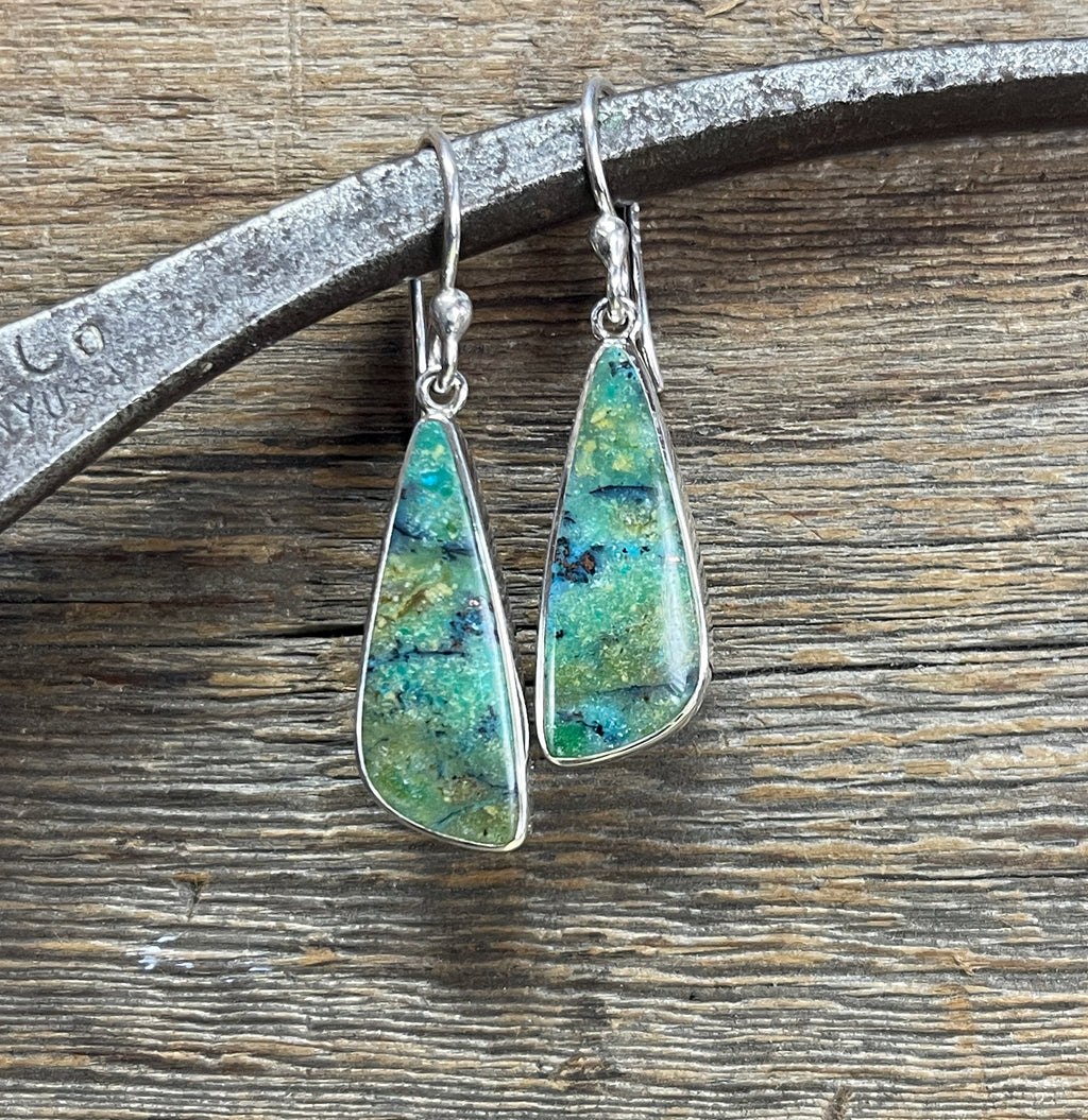 Opalized Wood Earrings in Sterling Silver, Earth-Toned Green and Blue Opal Dangle Earrings, Handmade Opal Earrings, Anniversary Gift