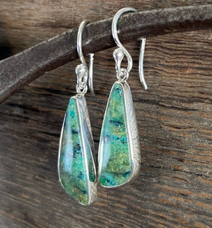 Opalized Wood Earrings in Sterling Silver, Earth-Toned Green and Blue Opal Dangle Earrings, Handmade Opal Earrings, Anniversary Gift
