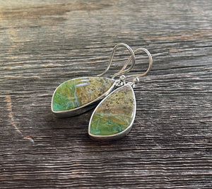 Indonesian Petrified Opalized Wood Earrings in Sterling Silver, Earth-Toned Green Opal Dangle Earrings
