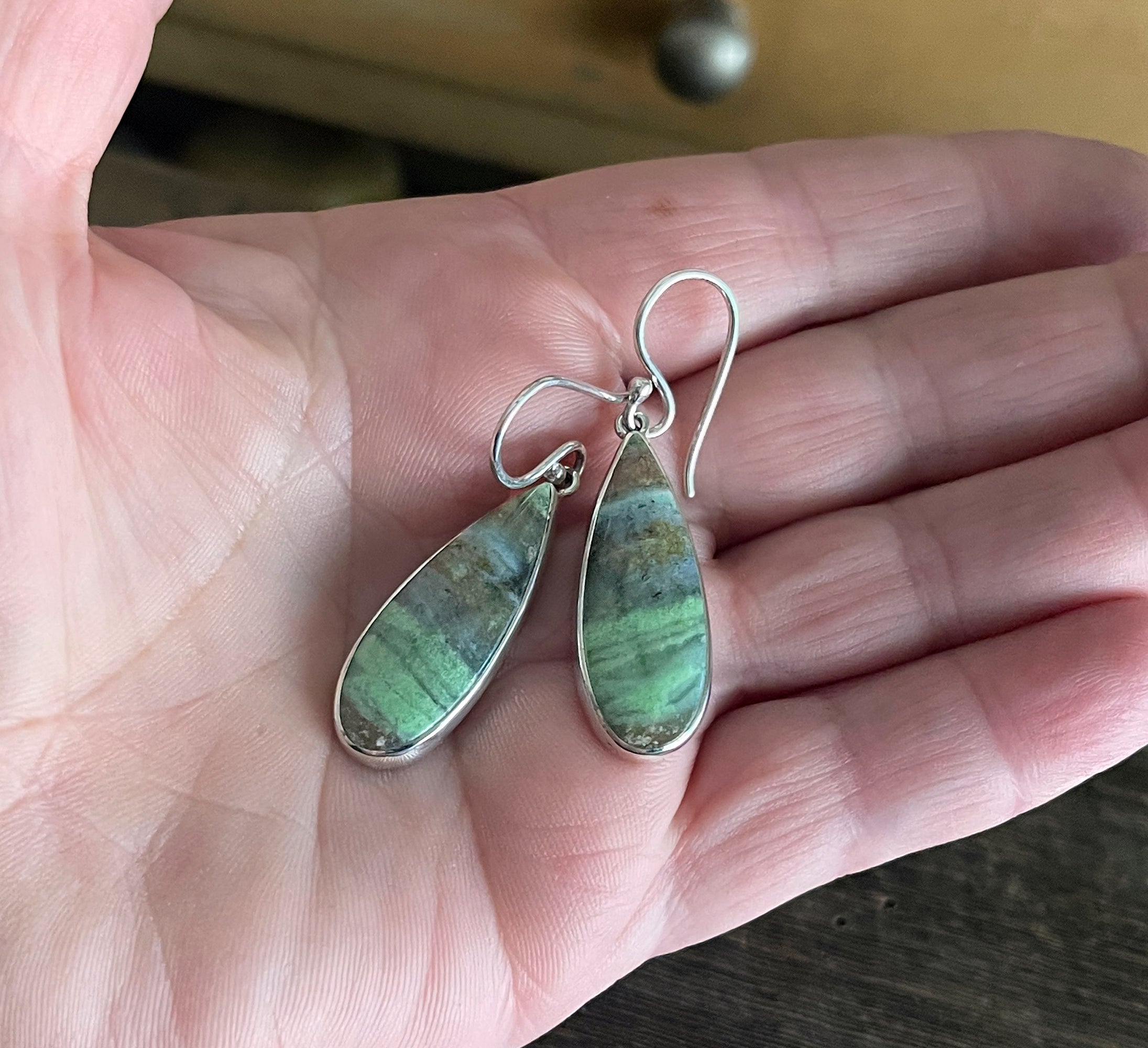 Opalized Wood Earrings in Sterling Silver, Earth-Toned Green and Blue Opal Dangle Earrings, Handmade Opal Earrings, Anniversary Gift