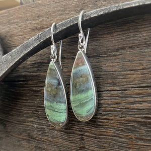Opalized Wood Earrings in Sterling Silver, Earth-Toned Green and Blue Opal Dangle Earrings, Handmade Opal Earrings, Anniversary Gift