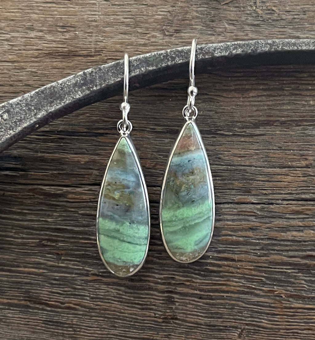 Opalized Wood Earrings in Sterling Silver, Earth-Toned Green and Blue Opal Dangle Earrings, Handmade Opal Earrings, Anniversary Gift