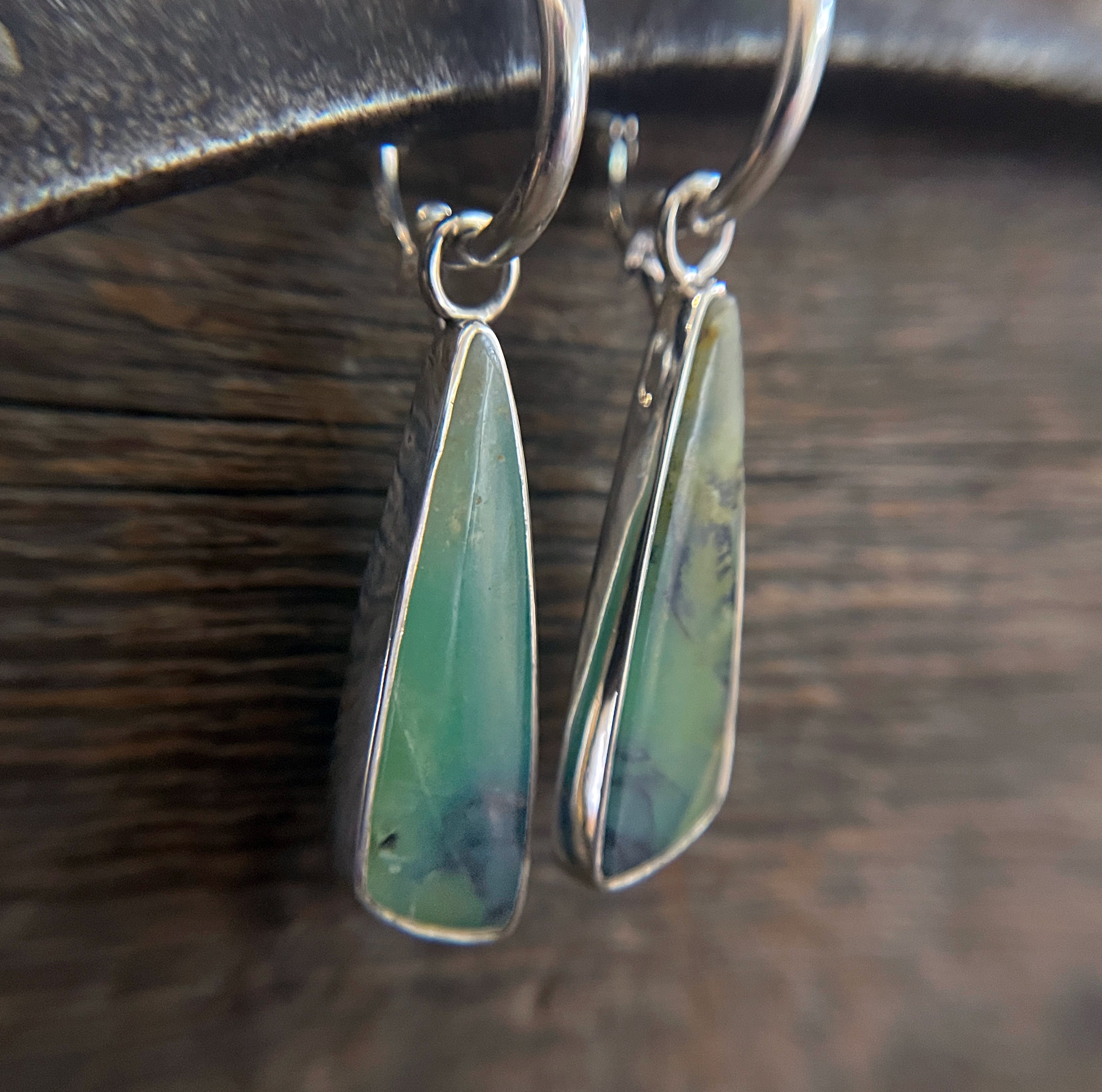 Indonesian Petrified Opalized Wood Earrings in Sterling Silver, Blue and Green Opal Dangle Earrings, Handmade Earrings, Anniversary Gift