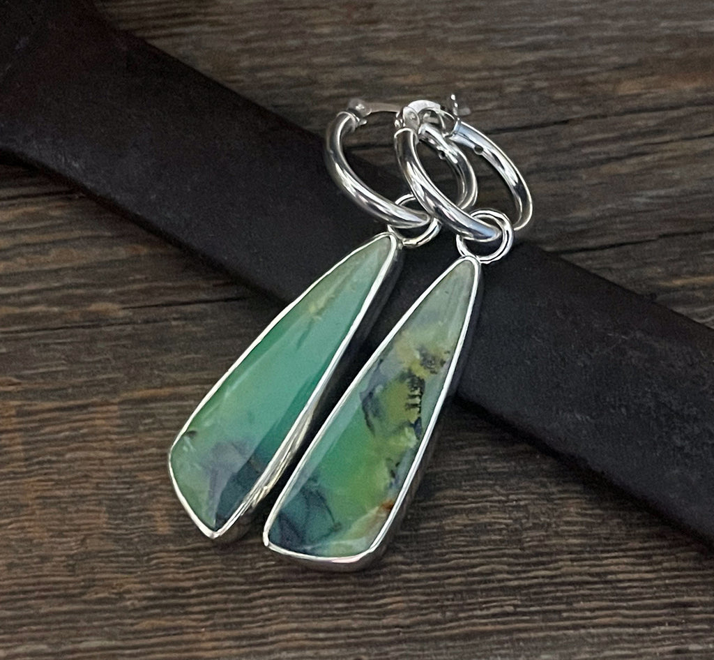 Indonesian Petrified Opalized Wood Earrings in Sterling Silver, Blue and Green Opal Dangle Earrings, Handmade Earrings, Anniversary Gift