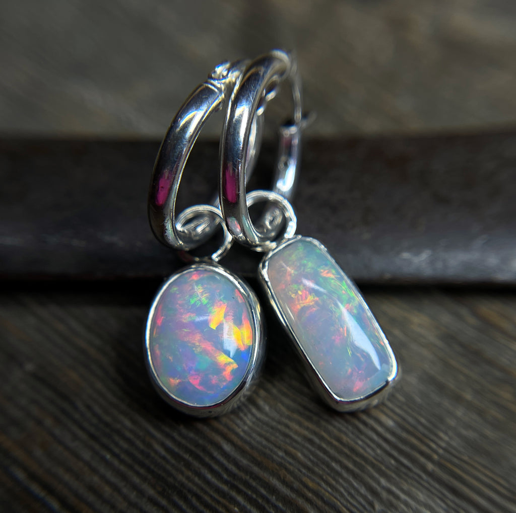 Opal Earrings, Mismatched Opal Earrings, Ethiopian Opal Dangle Earrings, Sterling Silver, Natural Opal Gemstone Earrings, Handmade Gift