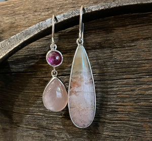Ruby and Opalized Wood Dangle Earrings, Rose Quartz, Asymmetrical Sterling Silver Mismatched Earrings, Handmade Earrings, Gift for Her