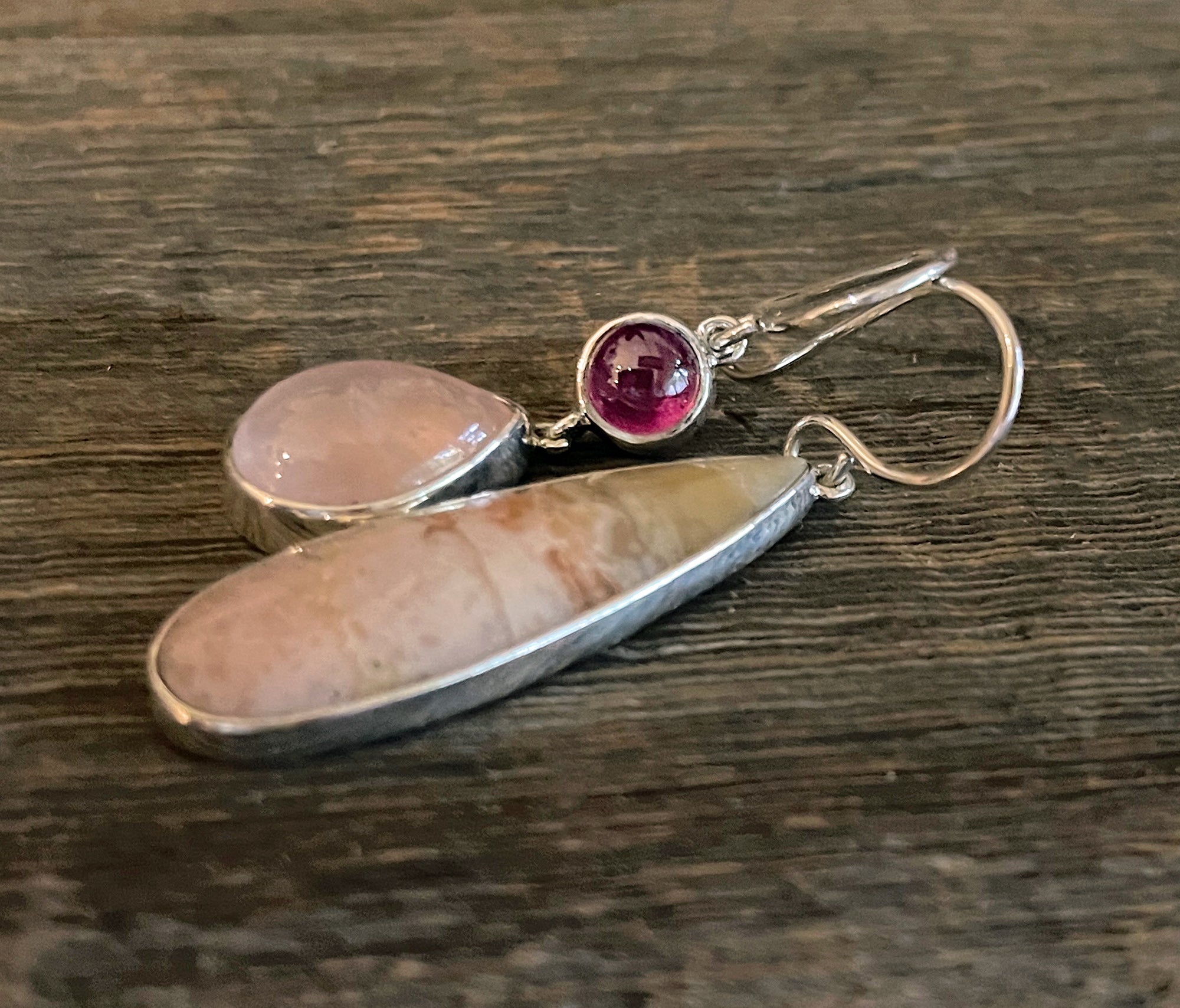 Ruby and Opalized Wood Dangle Earrings, Rose Quartz, Asymmetrical Sterling Silver Mismatched Earrings, Handmade Earrings, Gift for Her