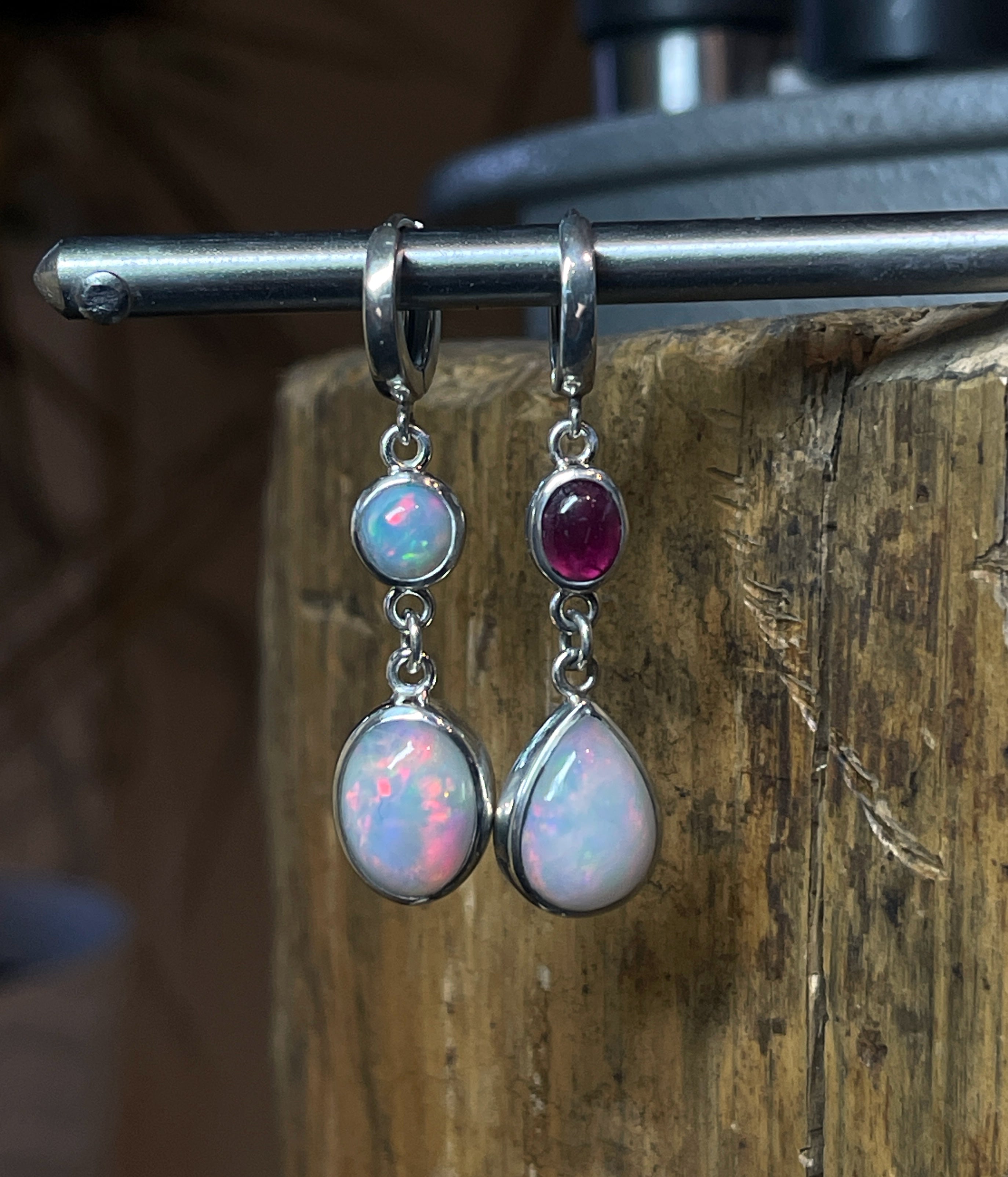 Opal Earrings, Mismatched Opal Earrings with Rubellite Pink Tourmaline, Ethiopian Opal Dangle Earrings, Sterling Silver, Gift for Her