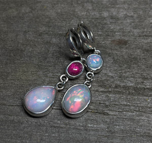 Opal Earrings, Mismatched Opal Earrings with Rubellite Pink Tourmaline, Ethiopian Opal Dangle Earrings, Sterling Silver, Gift for Her