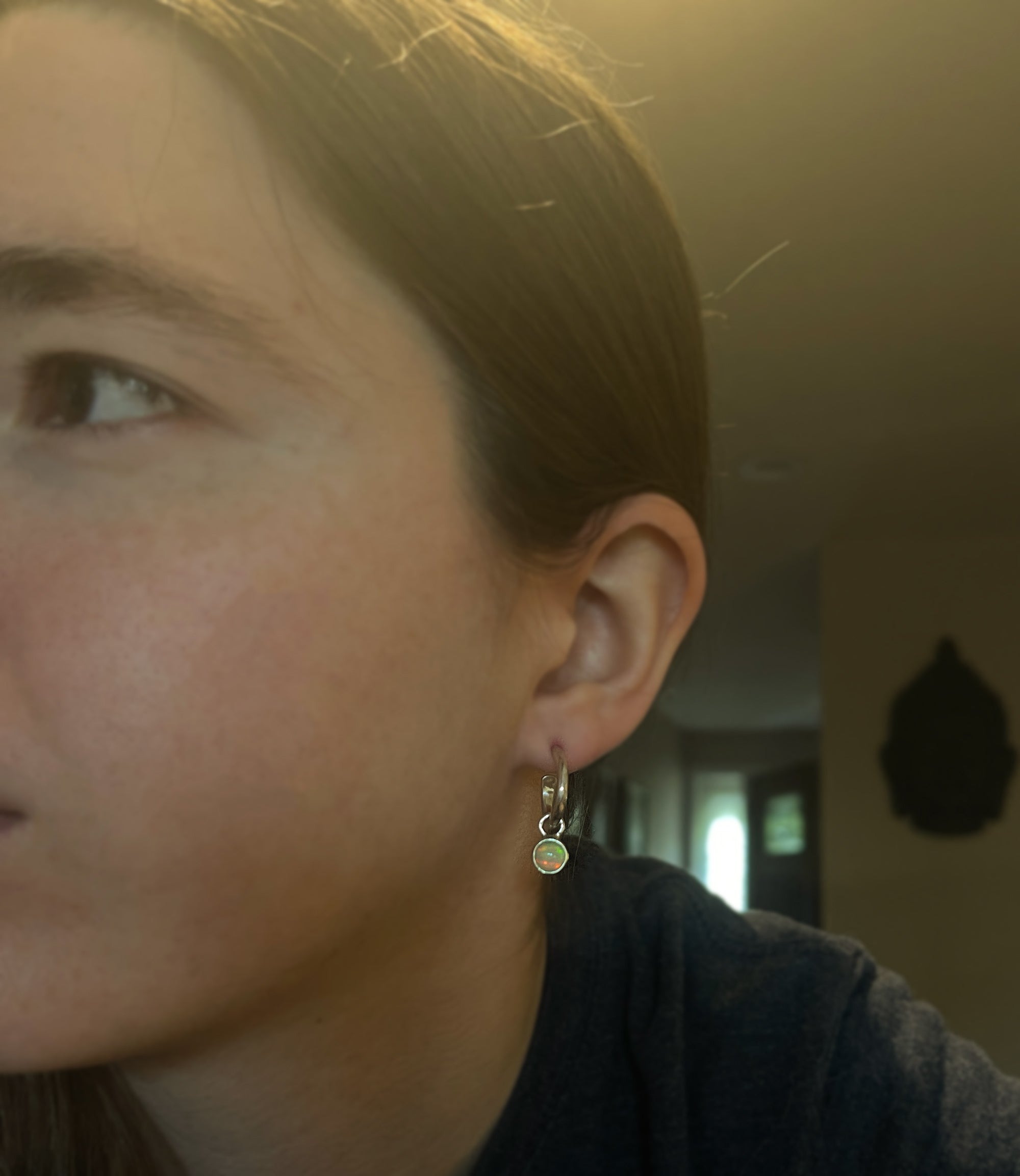 Opal Earrings, Hammered Hoop Earrings with Opal Charms, Sterling Silver, Ethiopian Opal, October Birthday Gift, Handmade Earrings