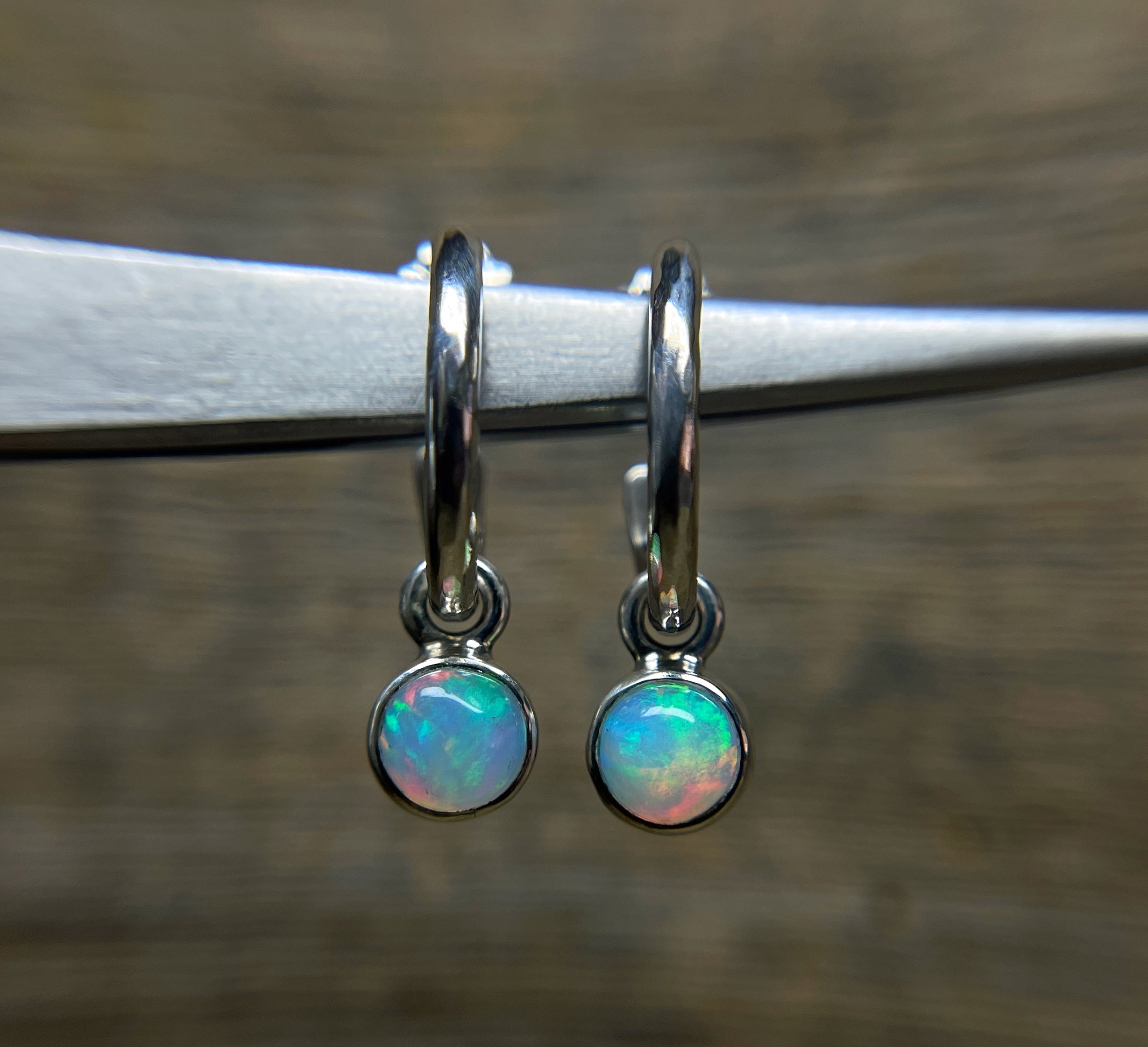 Opal Earrings, Hammered Hoop Earrings with Opal Charms, Sterling Silver, Ethiopian Opal, October Birthday Gift, Handmade Earrings