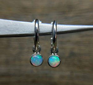 Opal Earrings, Hammered Hoop Earrings with Opal Charms, Sterling Silver, Ethiopian Opal, October Birthday Gift, Handmade Earrings