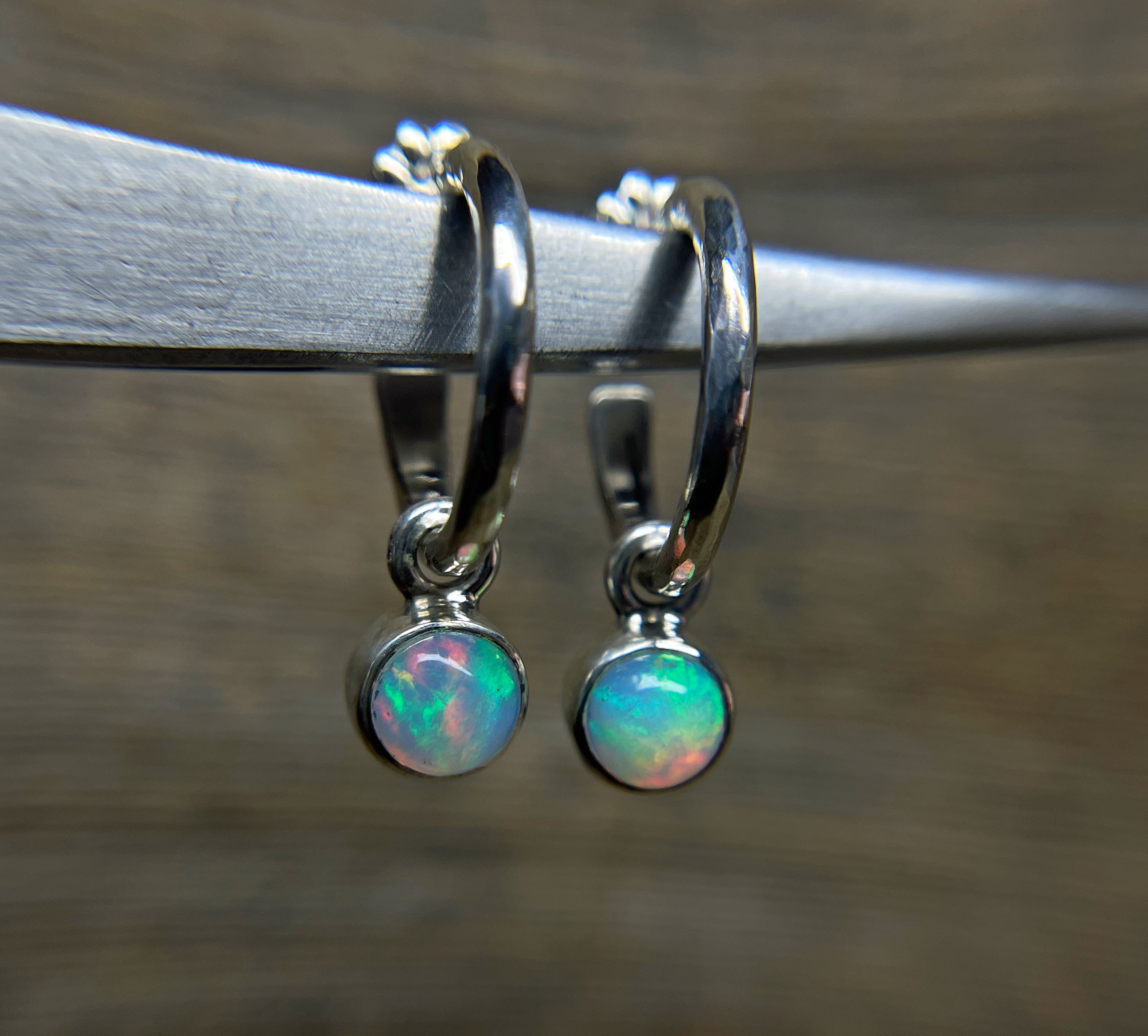 Opal Earrings, Hammered Hoop Earrings with Opal Charms, Sterling Silver, Ethiopian Opal, October Birthday Gift, Handmade Earrings