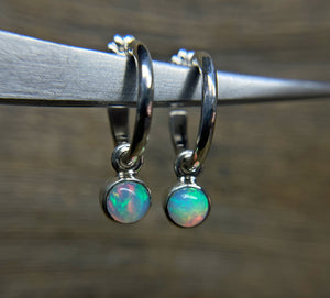 Opal Earrings, Hammered Hoop Earrings with Opal Charms, Sterling Silver, Ethiopian Opal, October Birthday Gift, Handmade Earrings