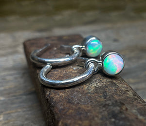 Opal Earrings, Hammered Hoop Earrings with Opal Charms, Sterling Silver, Ethiopian Opal, October Birthday Gift, Handmade Earrings